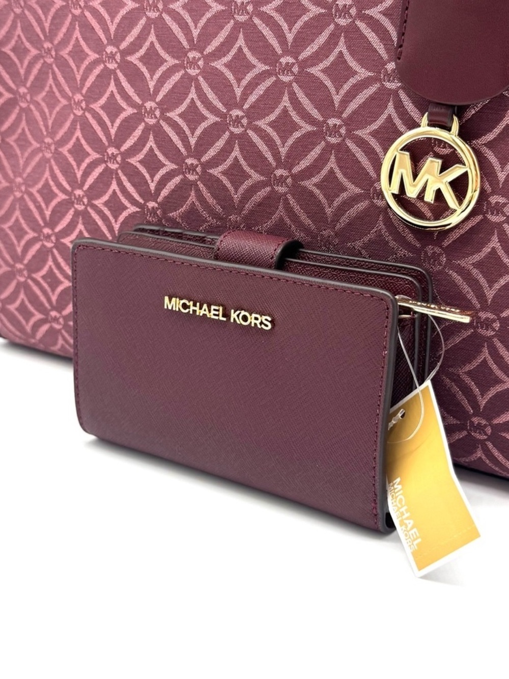 Michael Kors Medium Mirella Tote Bag & Matching Bifold Zip Chain Wallet Ox Blood - Picture 9 of 12